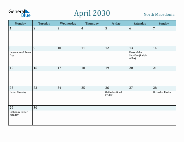 April 2030 Calendar with Holidays