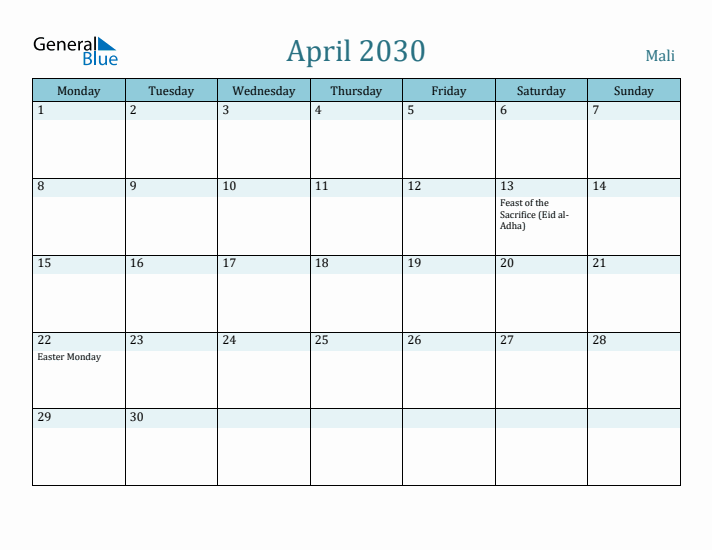 April 2030 Calendar with Holidays
