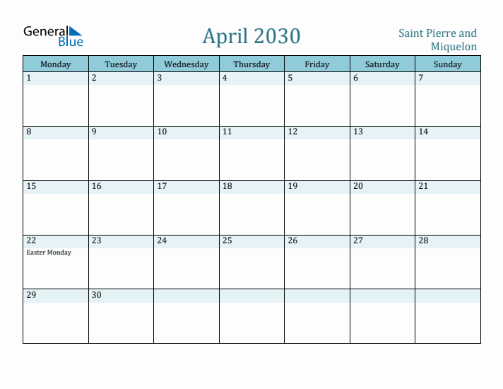 April 2030 Calendar with Holidays