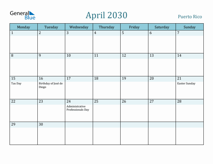 April 2030 Calendar with Holidays