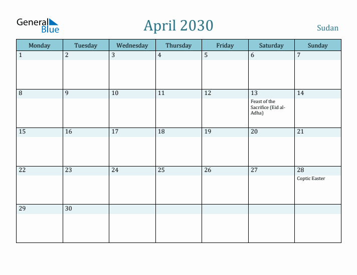 April 2030 Calendar with Holidays