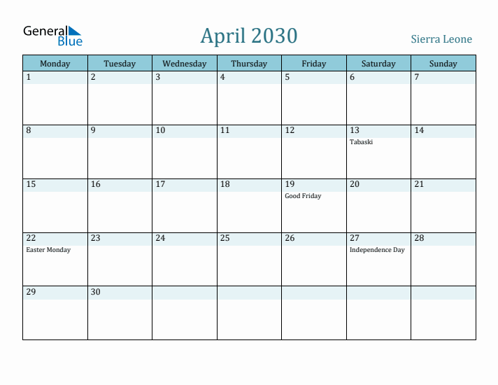 April 2030 Calendar with Holidays