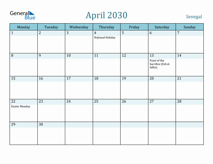 April 2030 Calendar with Holidays