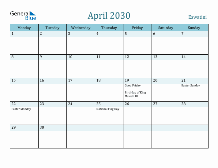 April 2030 Calendar with Holidays