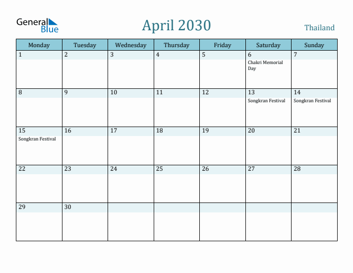 April 2030 Calendar with Holidays