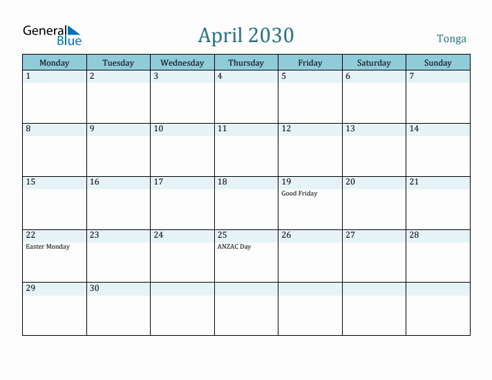April 2030 Calendar with Holidays
