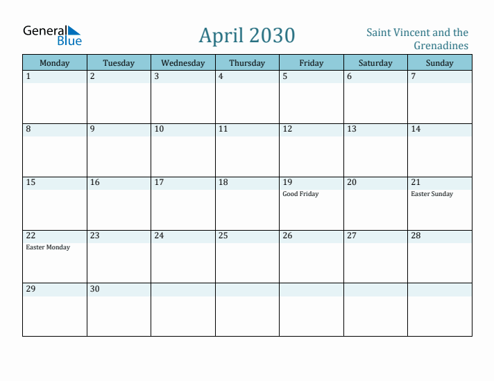 April 2030 Calendar with Holidays