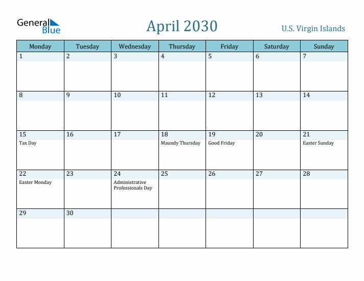 April 2030 Calendar with Holidays