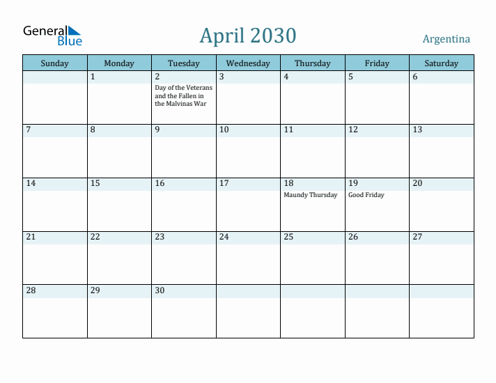 April 2030 Calendar with Holidays