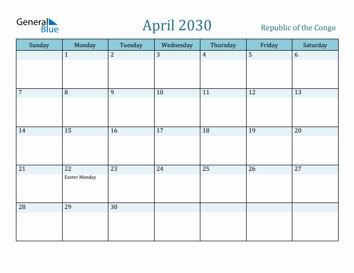 April 2030 Calendar with Holidays
