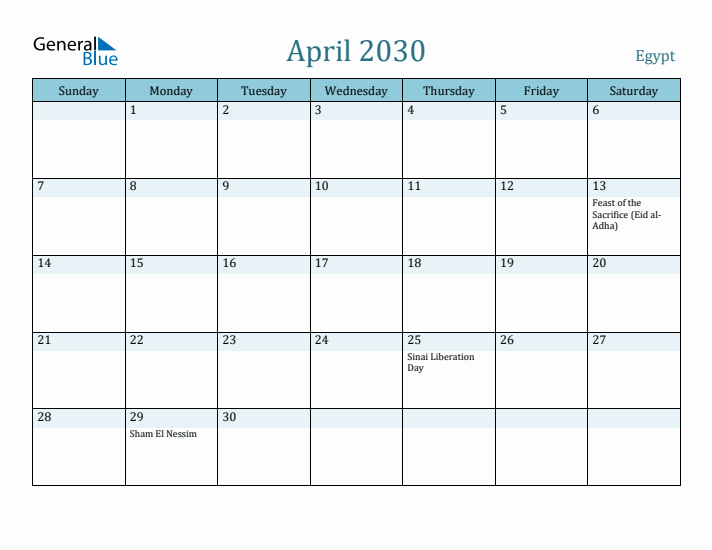 April 2030 Calendar with Holidays