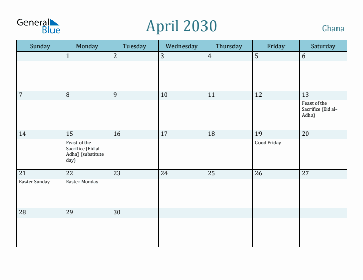 April 2030 Calendar with Holidays