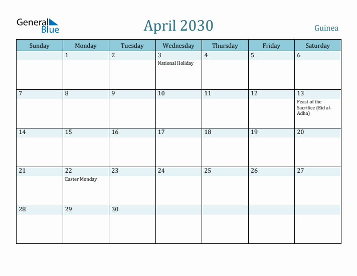 April 2030 Calendar with Holidays