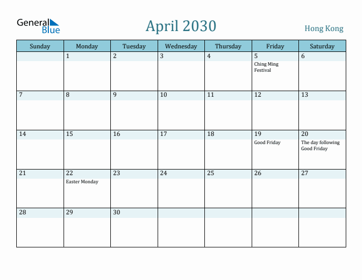 April 2030 Calendar with Holidays