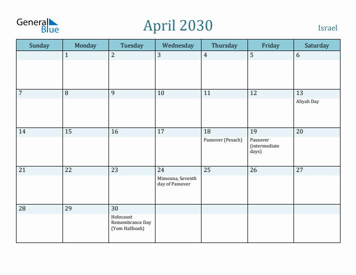 April 2030 Calendar with Holidays