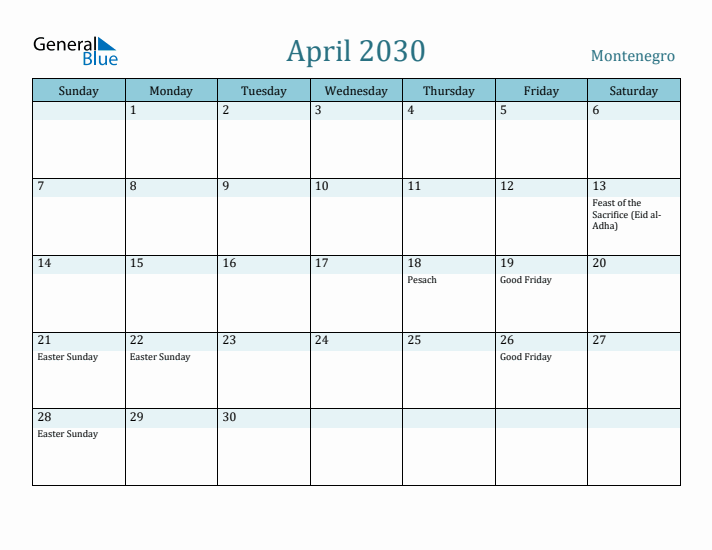 April 2030 Calendar with Holidays
