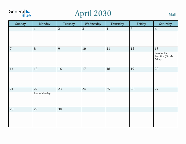 April 2030 Calendar with Holidays
