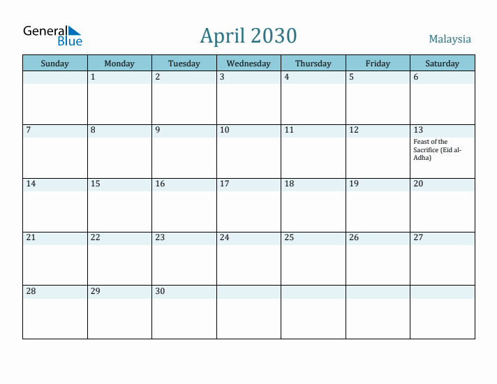 April 2030 Calendar with Holidays