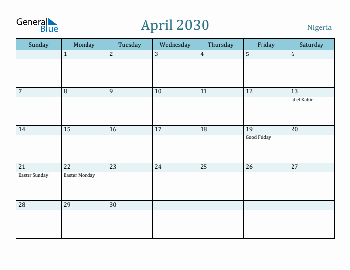 April 2030 Calendar with Holidays