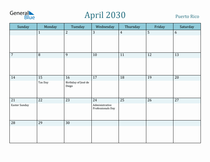 April 2030 Calendar with Holidays