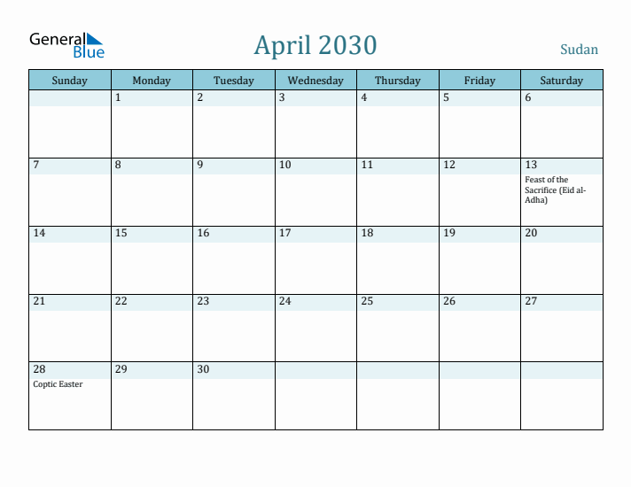 April 2030 Calendar with Holidays