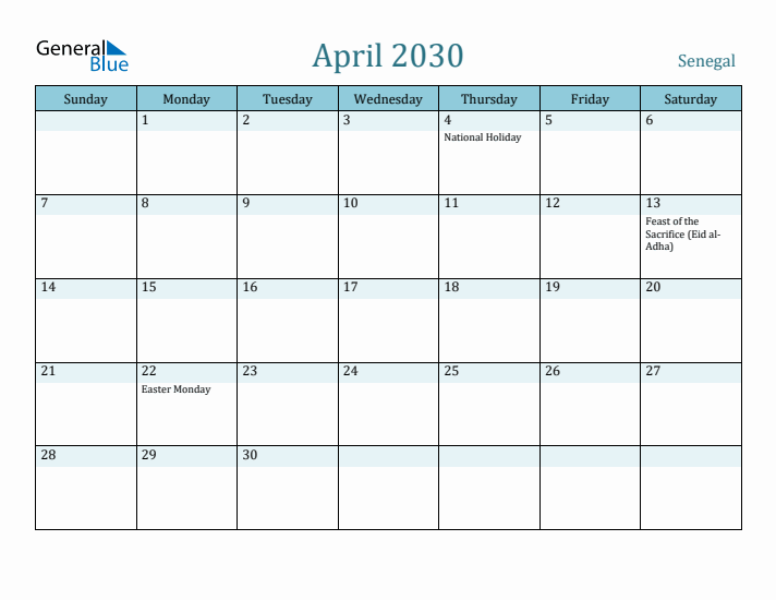 April 2030 Calendar with Holidays
