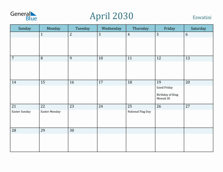 April 2030 Calendar with Holidays