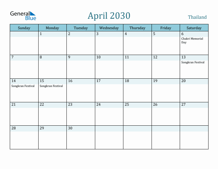 April 2030 Calendar with Holidays