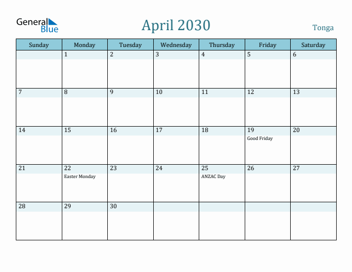 April 2030 Calendar with Holidays