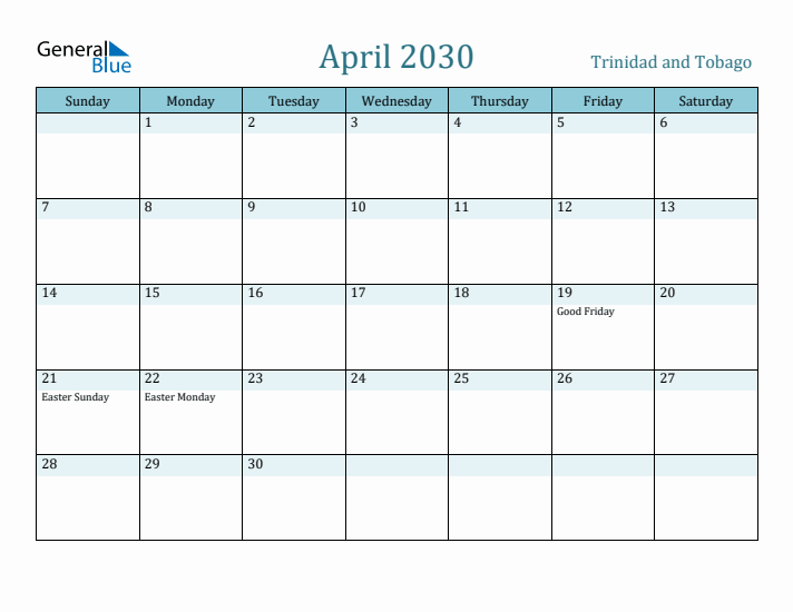 April 2030 Calendar with Holidays