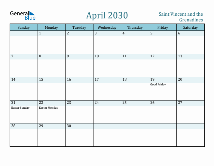 April 2030 Calendar with Holidays
