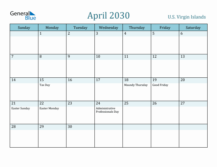 April 2030 Calendar with Holidays