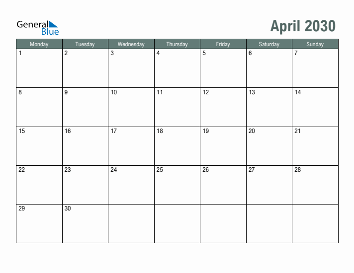 Free Printable April 2030 Calendar