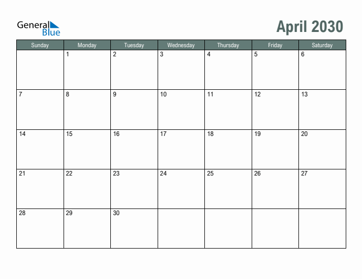 Free Printable April 2030 Calendar
