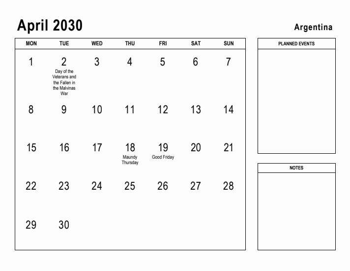 April 2030 Printable Monthly Calendar with Argentina Holidays