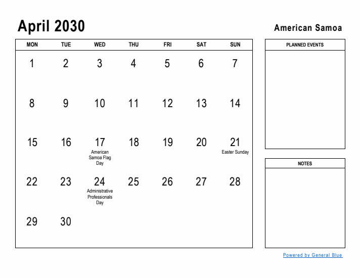 April 2030 Printable Monthly Calendar with American Samoa Holidays