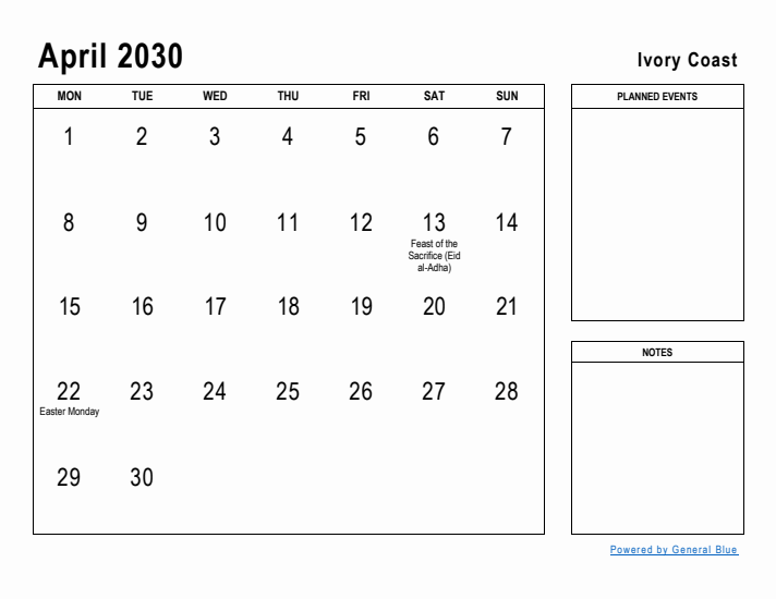 April 2030 Printable Monthly Calendar with Ivory Coast Holidays