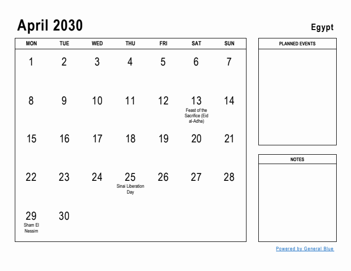 April 2030 Printable Monthly Calendar with Egypt Holidays