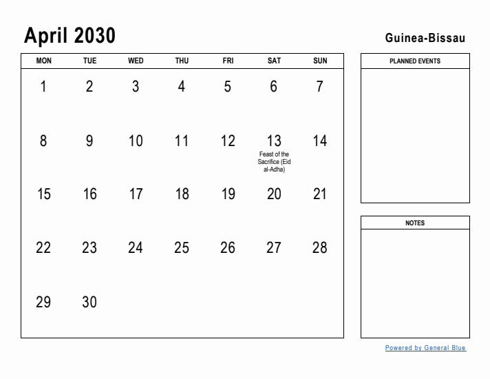 April 2030 Printable Monthly Calendar with Guinea-Bissau Holidays