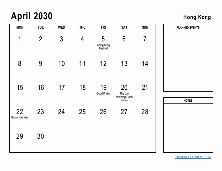 April 2030 Printable Monthly Calendar with Hong Kong Holidays