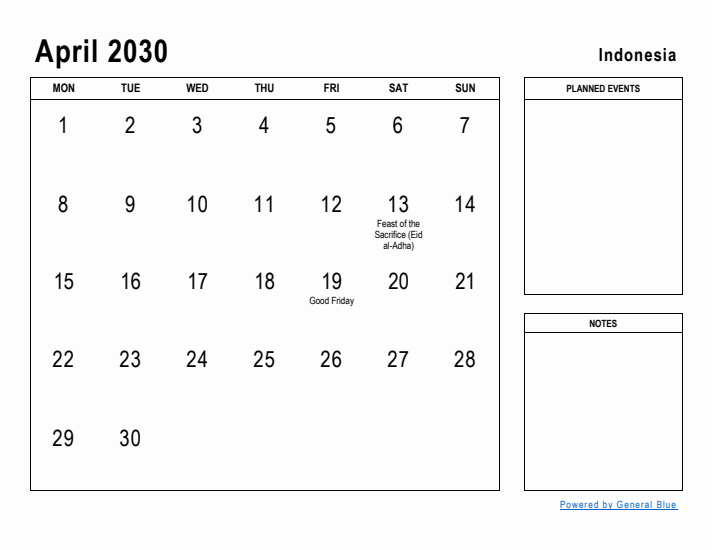 April 2030 Printable Monthly Calendar with Indonesia Holidays