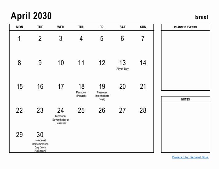 April 2030 Printable Monthly Calendar with Israel Holidays