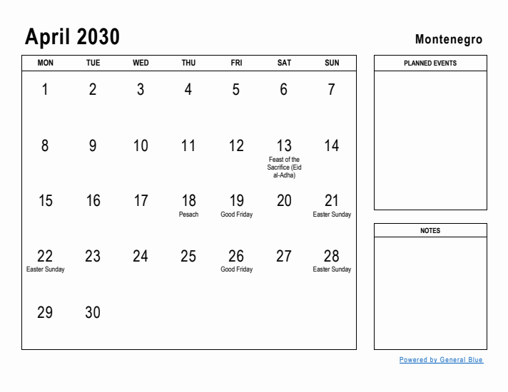 April 2030 Printable Monthly Calendar with Montenegro Holidays