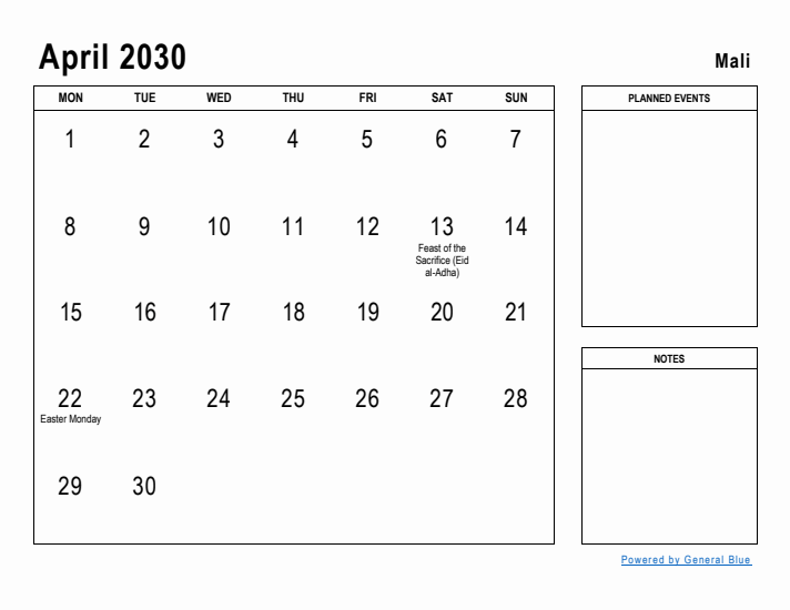 April 2030 Printable Monthly Calendar with Mali Holidays