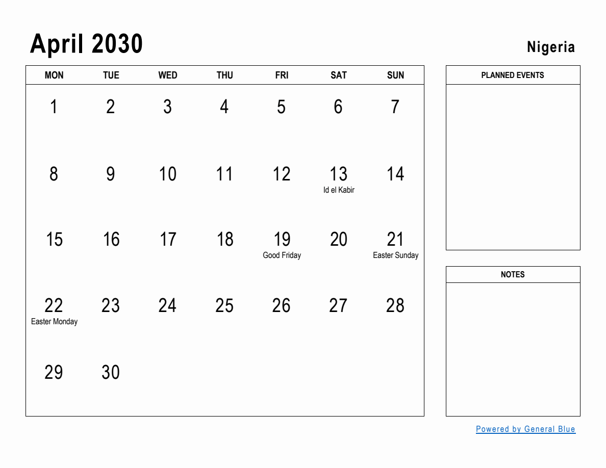 April 2030 Planner with Nigeria Holidays (Monday Start)