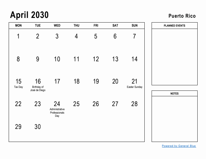 April 2030 Printable Monthly Calendar with Puerto Rico Holidays