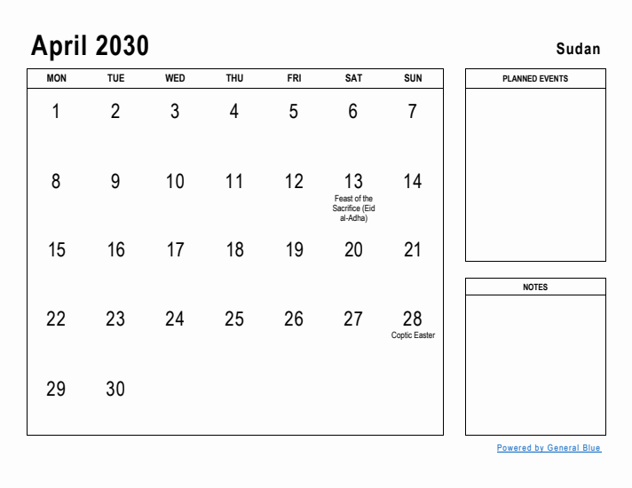 April 2030 Printable Monthly Calendar with Sudan Holidays