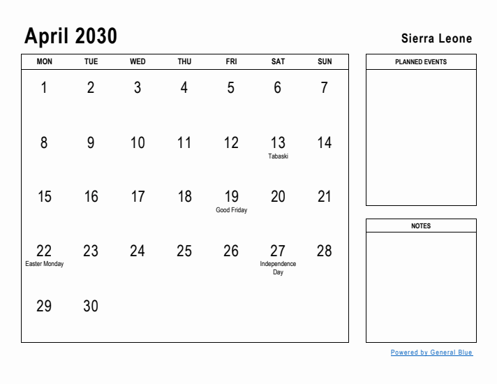 April 2030 Printable Monthly Calendar with Sierra Leone Holidays