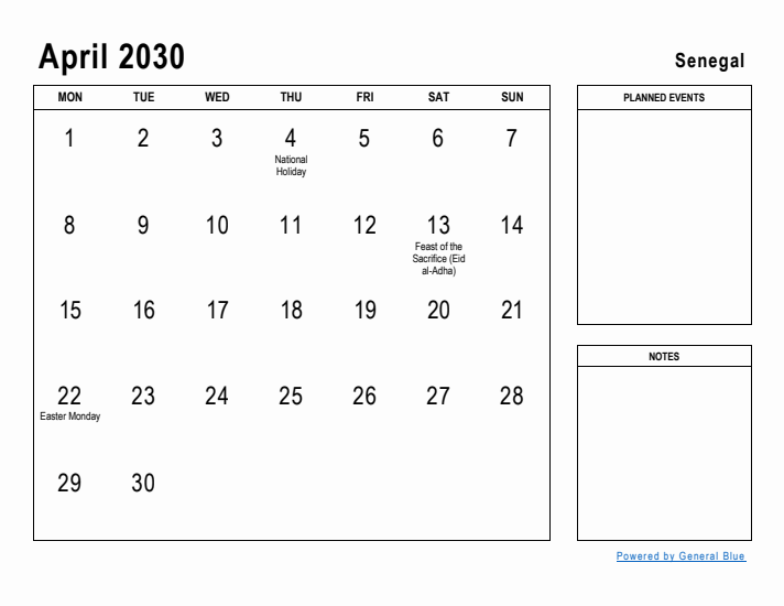 April 2030 Printable Monthly Calendar with Senegal Holidays