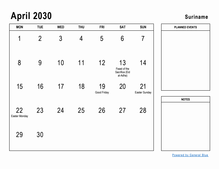 April 2030 Printable Monthly Calendar with Suriname Holidays
